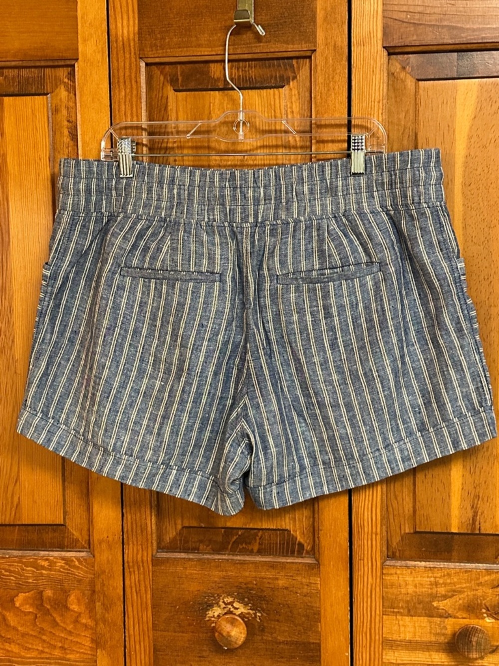 Athleta Cabo Blue White Brown Striped Linen Pull-on Summer Shorts Size 16 - Picture 3 of 8